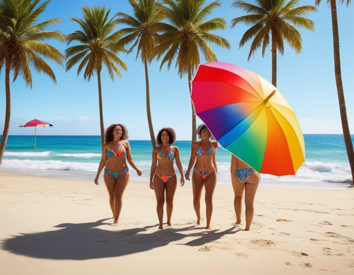 A diverse group of confident individuals in stylish bikinis enjoying a sunny beach. The scene showcases different body types and vibrant swimwear patterns, with palm trees and ocean waves in the background. Include a colorful beach umbrella and a playful beach ball to enhance the atmosphere. super-realistic. vibrant colors. sunny setting.